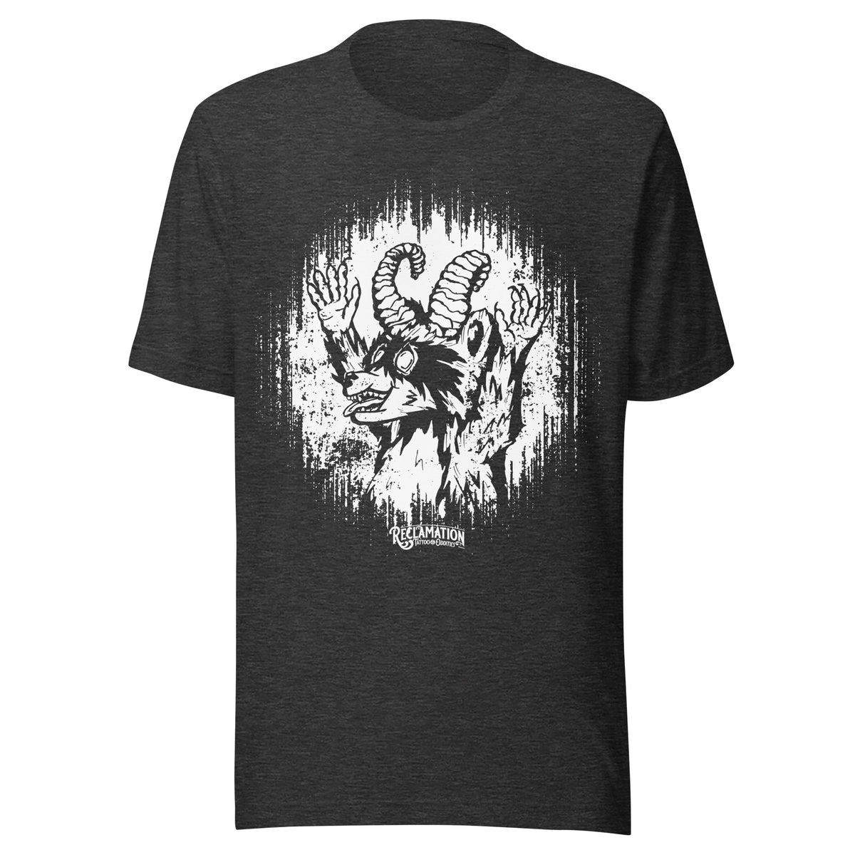 Cornelius Baphomet t-shirt in dark grey heather, front view laid flat, with Cornelius the horned raccoon in white line work inside a ragged halo