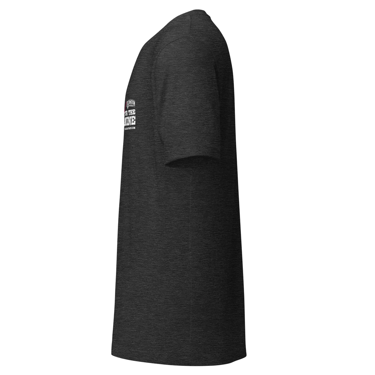 Do It For The Dopamine t-shirt in dark grey heather, left side view showing the sleeve and side seam