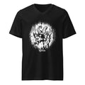 Cornelius Baphomet v-neck tee in black, front view laid flat, with Cornelius the horned raccoon in white line work inside a ragged halo and the Reclamation Tattoo & Oddities banner beneath
