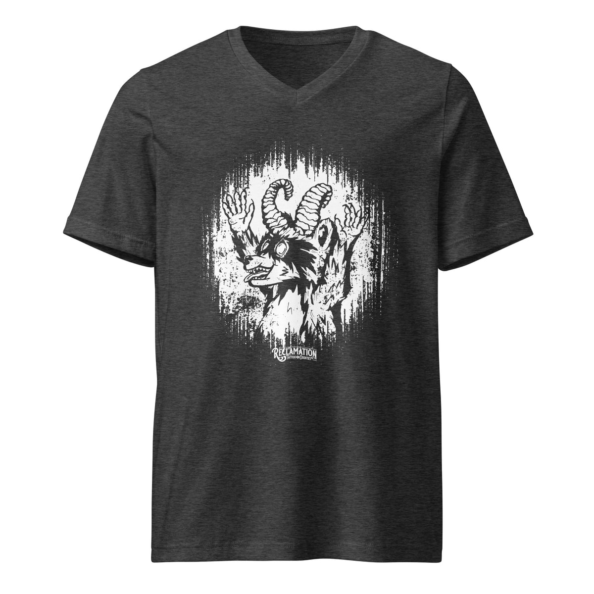 Cornelius Baphomet v-neck tee in dark grey heather, front view laid flat, with Cornelius the horned raccoon in white line work inside a ragged halo