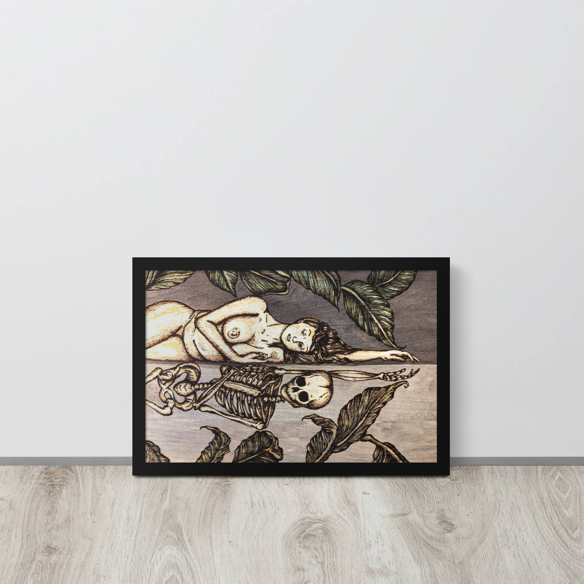 Vainglorious Contrition framed luster print by Cami Thunder, black framed print resting on a light wood floor against a white wall