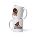Reclamation & Midnight River mug in white, two mugs stacked, the top one showing the Midnight River Apothecary badge with its crescent moon and desert river scene, the lower one showing the Reclamation Tattoo & Oddities butterfly and key logo