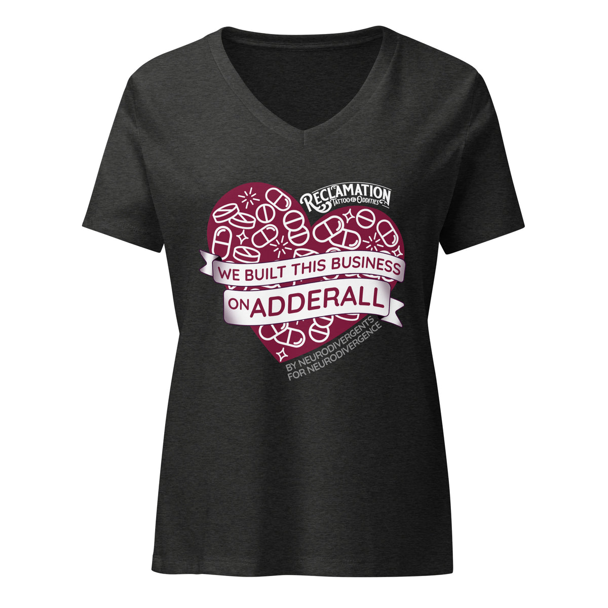 We Built This Business On Adderall V-neck t-shirt in dark grey heather, front view, showing the pill-filled heart and banner print