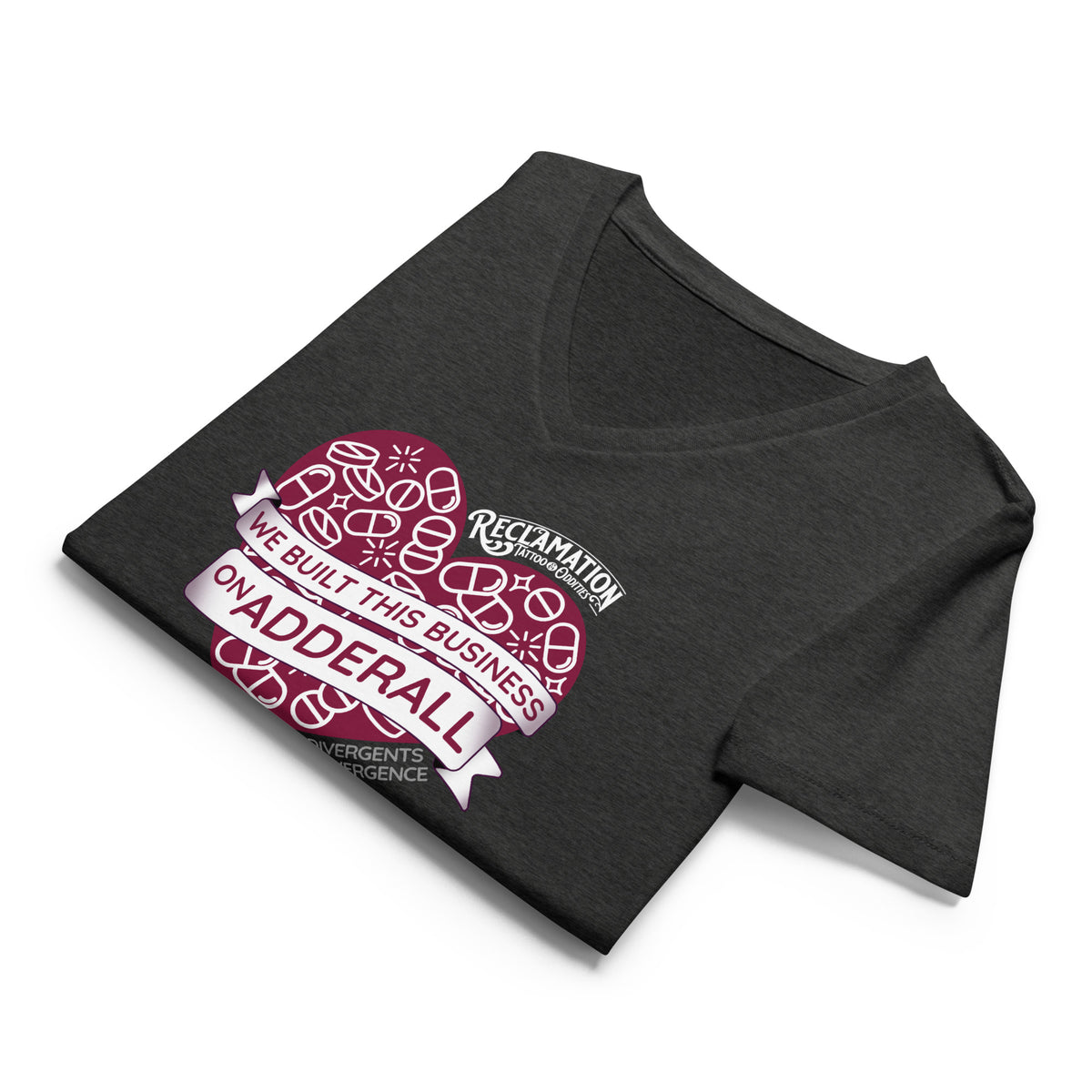 We Built This Business On Adderall V-neck t-shirt in dark grey heather, front view showing the relaxed fit and the V neckline