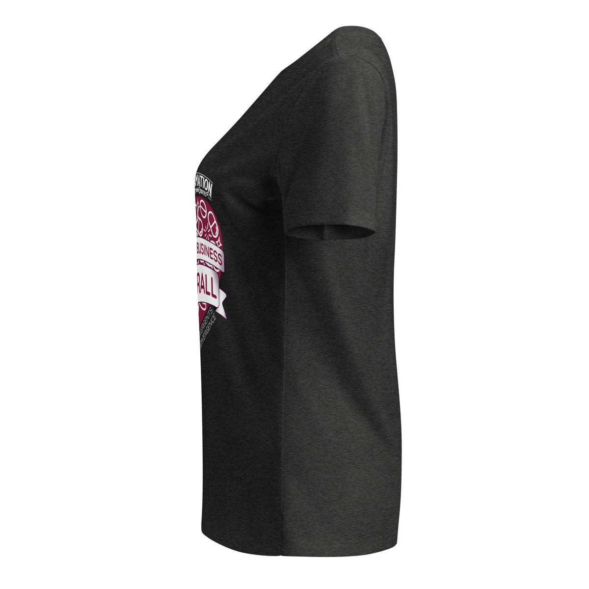 We Built This Business On Adderall V-neck t-shirt in dark grey heather, left side view showing the sleeve and side seam