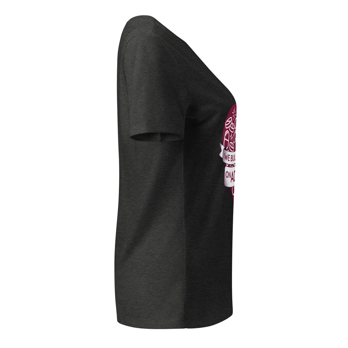 We Built This Business On Adderall V-neck t-shirt in dark grey heather, right side view showing the sleeve and side seam