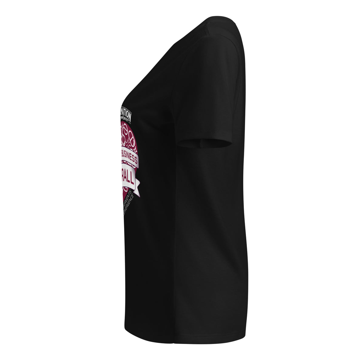 We Built This Business On Adderall V-neck t-shirt in solid black, left side view showing the sleeve and side seam
